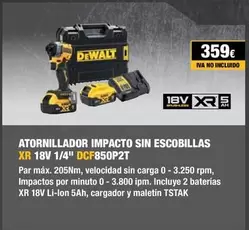 Oferta de Dewalt - Atornillador Impacto Sin Escobillas Xr 18v 1/4" Dcf850p2t por 359€ en Dewalt