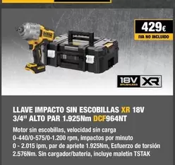 Oferta de Dewalt - Llave Impacto Sin Escobillas Xr 18v 3/4" Alto Par 1925 Nm Dcf964nt por 429€ en Dewalt