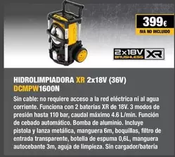 Oferta de Dewalt - Hidrolimpiadora Xr 2x18v (36v) Dcmpw11600n por 399€ en Dewalt