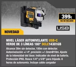 Oferta de Nivel Láser Autonivelante USB-C Verde De 3 Lineas 180° DCLE14301GB por 399€ en Dewalt