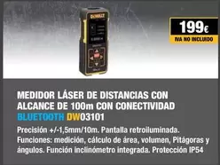 Oferta de Dewalt - Medidor Láser De Distancias Con Alcance De 100m Con Conectividad Bluetooth DW03101  por 199€ en Dewalt