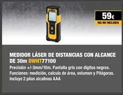 Oferta de Medidor Láser De Distancias Con Alcance De 30m DWHT77100 por 59€ en Dewalt