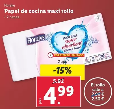 Oferta de Floralys - Papel De Cocina Maxi Rollo por 4,99€ en Lidl