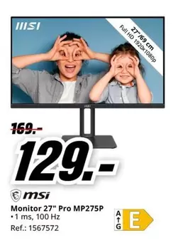 Oferta de MSI - Monitor 27" Pro MP275P por 129€ en MediaMarkt