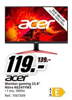 Oferta de Acer - Monitor Gaming 23.8" Nitro KG241YM3 por 119€ en MediaMarkt