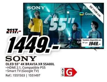 Oferta de Sony - Oled 55" 4k Bravia Xr 55a80l por 1449€ en MediaMarkt