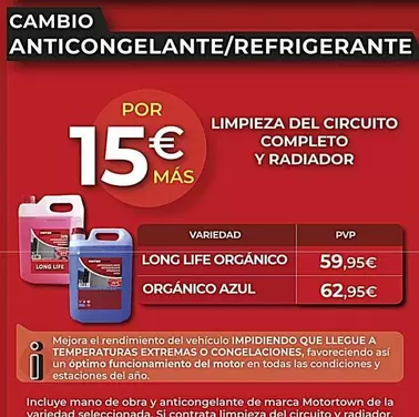 Oferta de Motortown - Cambio Anticongelante/Refrigerante  por 15€ en MotorTown