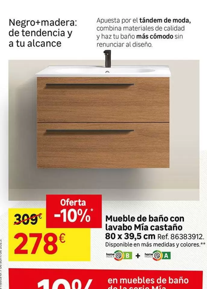 Oferta de Home - Mueble De Baño Con Lavabo Mía Castaño 80 X 39,5 Cm por 278€ en Leroy Merlin