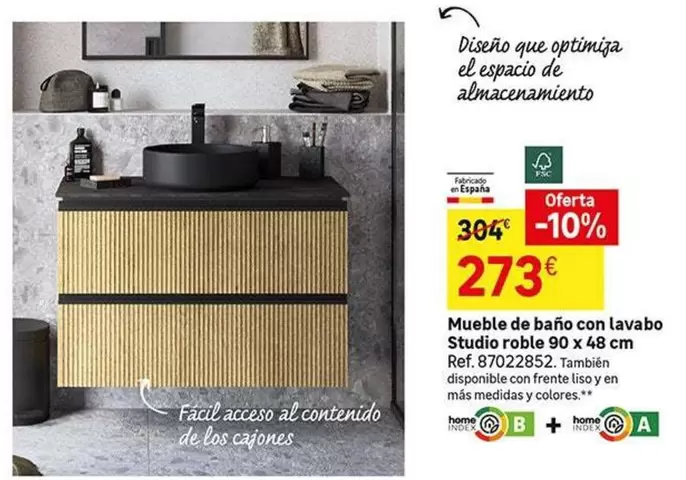 Oferta de Home - Mueble De Bano Con Lavabo Studio Roble 90 X 48 Cm por 273€ en Leroy Merlin