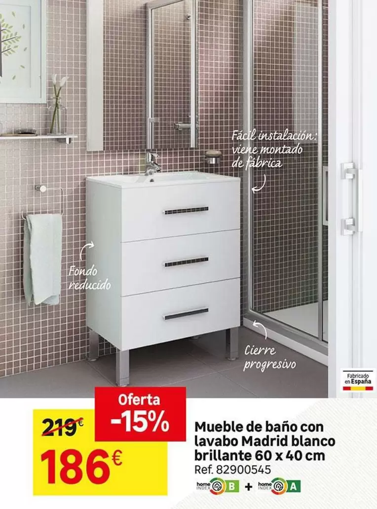 Oferta de Blanco - Mueble De Baño Con Lavabo Madrid  Brillante 60 X 40 Cm por 186€ en Leroy Merlin