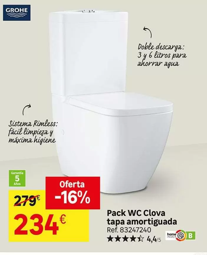 Oferta de Grohe - Pack WC Clova tapa amortiguda por 234€ en Leroy Merlin