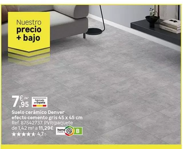 Oferta de Denver - Suelo Ceramico  Efecto Cemento Gris 45 X 45 Cm por 7,95€ en Leroy Merlin