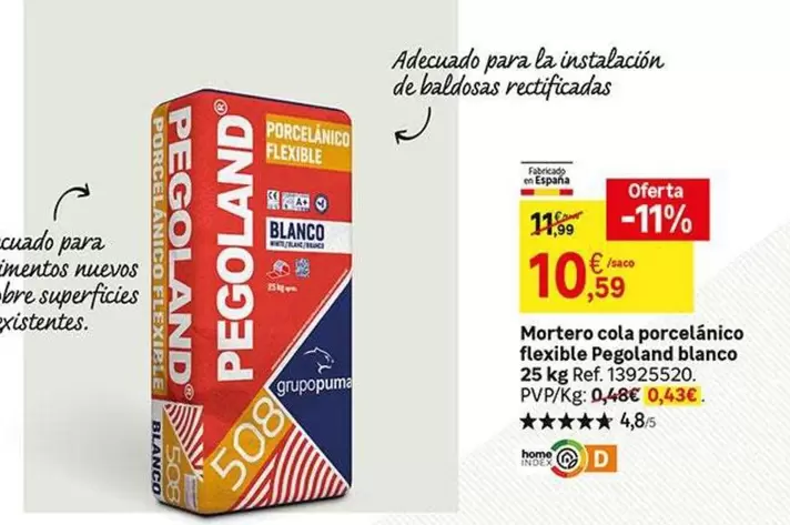 Oferta de Blanco - Mortero Cola Porcelanico Flexible Pegaland por 10,59€ en Leroy Merlin