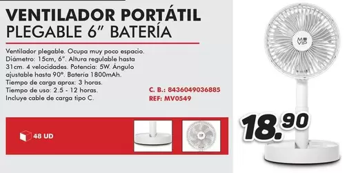 Oferta de Ventilador Portatil Plegable 6" Bateria por 18,9€ en Mandatelo.com