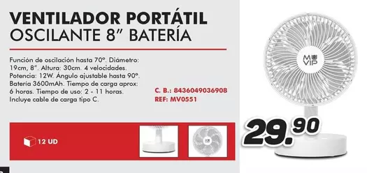 Oferta de MB - Ventilador Portátil Oscilante 8" Batería por 29,9€ en Mandatelo.com