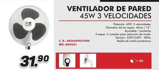 Oferta de Ventilador De Pared 45w 3 Velocidades por 31,9€ en Mandatelo.com