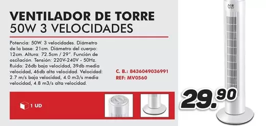 Oferta de Ventilador De Torre 50w 3 Velocidades por 29,9€ en Mandatelo.com