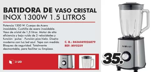 Oferta de Batidora De Vaso Cristal Inox 1300w 1.5 Litros por 35€ en Mandatelo.com