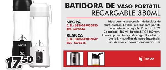 Oferta de Muvip - Batidora De Vaso Portátil  por 17,5€ en Mandatelo.com