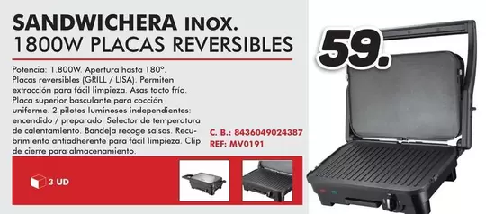 Oferta de Sandwichera Inox. 1800w Placas Reversibles por 59€ en Mandatelo.com