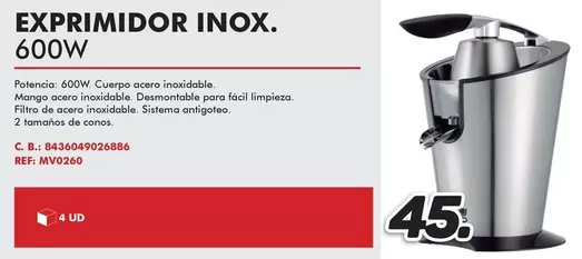 Oferta de Exprimidor Inox. 600w por 45€ en Mandatelo.com