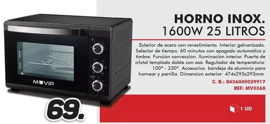 Oferta de Muvip - Horno Inox por 69€ en Mandatelo.com