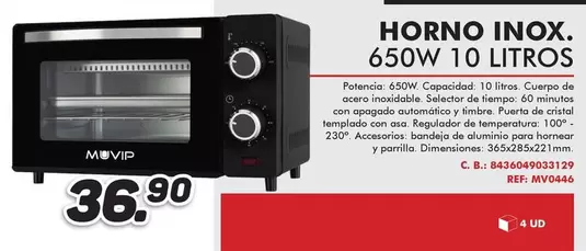 Oferta de Muvip - Horno Inox. 650w 10 Litros por 36,9€ en Mandatelo.com