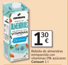 Oferta de Consum - Bebida De Almendras Enriquecida Con Vitaminas 0% Azucares por 1,3€ en Consum