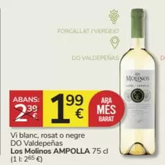 Oferta de Los Molinos - Vi Blanc, Rosat O Negre Do Valdepenas por 1,99€ en Consum