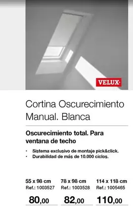 Oferta de Velux - Cortina Oscurecimiento Manual. Blanca por 80€ en Distriplac