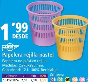 Oferta de Faibo - Papelera Rejilla Pastel por 1,99€ en Folder