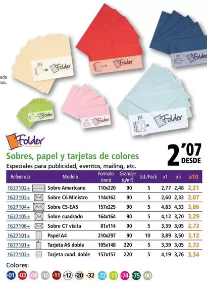 Oferta de Folder - Sobres/ Papel Y Tarjetas De Colores por 2,07€ en Folder