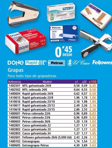 Oferta de Dohe/Rapid/Petrus/El Casco/Fellowes - Grapas por 0,45€ en Folder