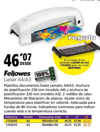 Oferta de Fellowes - Plastifica Documentosd Hasta Tamano A4/A3 por 46,07€ en Folder