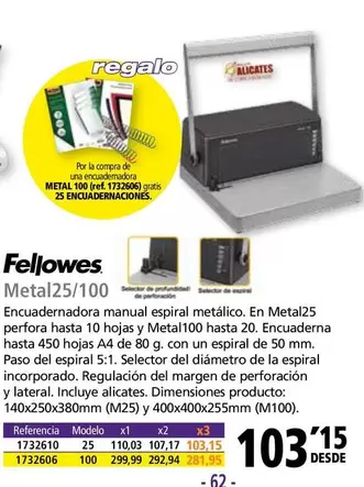 Oferta de Fellowes - Encudernadora Manual Espiral Metalico por 103,15€ en Folder