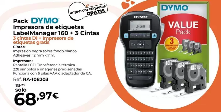 Oferta de Dymo - Impresora De Etiquetas Labelmanager 160 + 3 Cintas por 68,97€ en Staples Kalamazoo