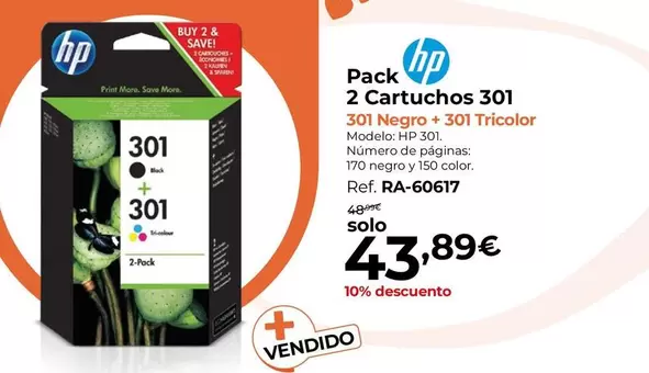 Oferta de HP - Pack 2 Cartuchos 301 por 43,89€ en Staples Kalamazoo