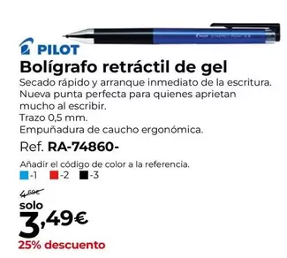 Oferta de Pilot - Bolígrafo Retráctil De Gel por 3,49€ en Staples Kalamazoo