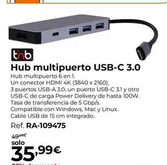 Oferta de Tnb - Hub Multipuerto USB-A 3.0 por 35,99€ en Staples Kalamazoo