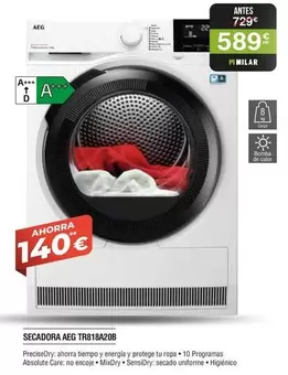 Oferta de AEG - Secadora TR818420B por 589€ en Milar