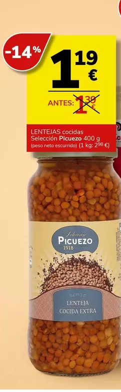 Oferta de Picuezo - Lentejas Cocidas Seleccion por 1,19€ en Supermercados Charter