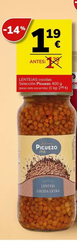 Oferta de Picuezo - Lentejas Cocidas Selección por 1,19€ en Supermercados Charter