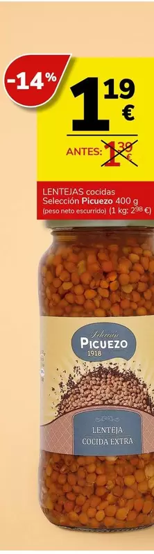 Oferta de Picuezo - Lentejas Cocidas por 1,19€ en Supermercados Charter