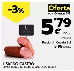 Oferta de Lisardo Castro - Lomo Iberico De Bellota 50% Raza Iberica por 5,99€ en BM Supermercados