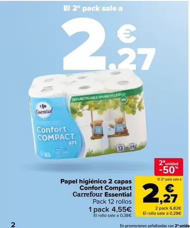 Oferta de Carrefour - Papel Higiénico 2 Capas Confort Compact  Essential en Carrefour