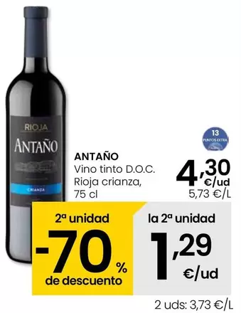 Oferta de De Antaño - Vino Tinto D.O.C. Rioja Crianza por 4,3€ en Eroski