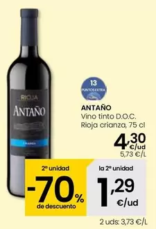 Oferta de Antaño - Vino Tinto D.O.C. Rioja Crianza por 4,3€ en Eroski