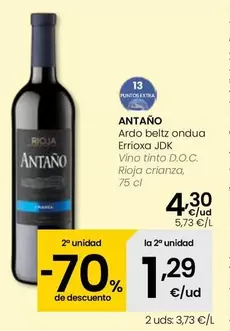 Oferta de Antaño - Vino Tinto D.O.C. Rioja Crianza por 4,3€ en Eroski