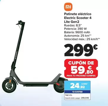 Oferta de Xiaomi - Patinete Electrico  Electric Scooter 4 Lite Gen2 por 299€ en Carrefour