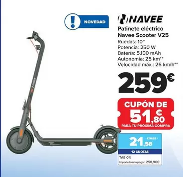 Oferta de Patinete Electrico Navee Scooter V25 por 259€ en Carrefour